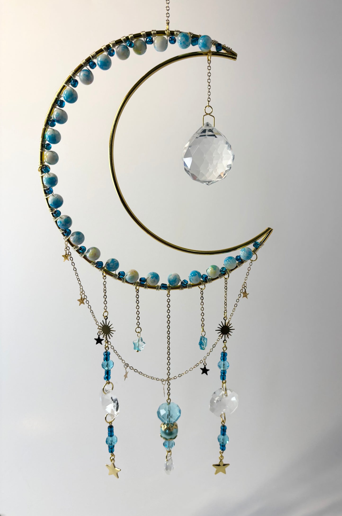 Large Gold Moon with Light Pearl Teal & White, Stars