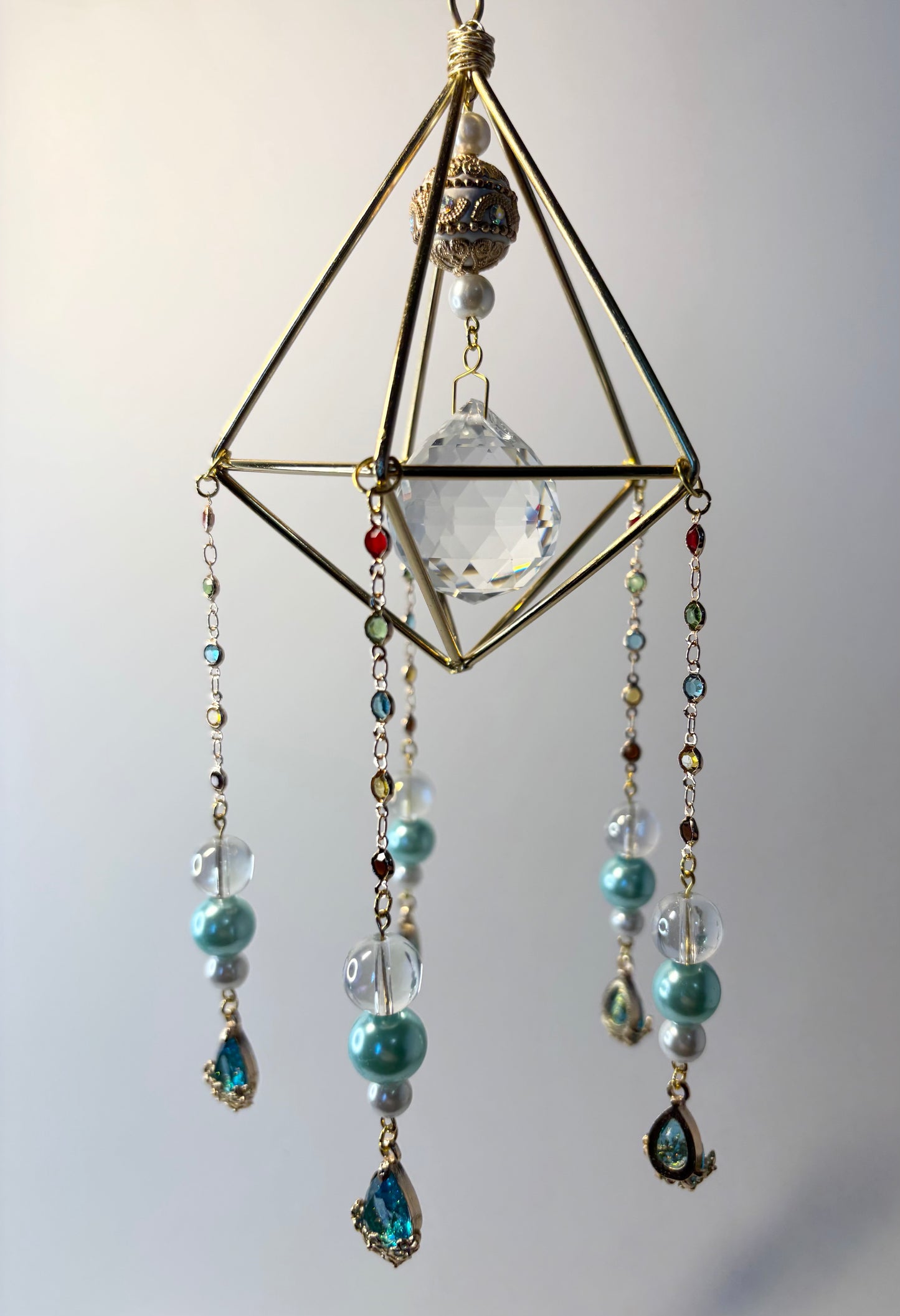 Gold Geometric Frame with 5 Pendants, Pearl Teal