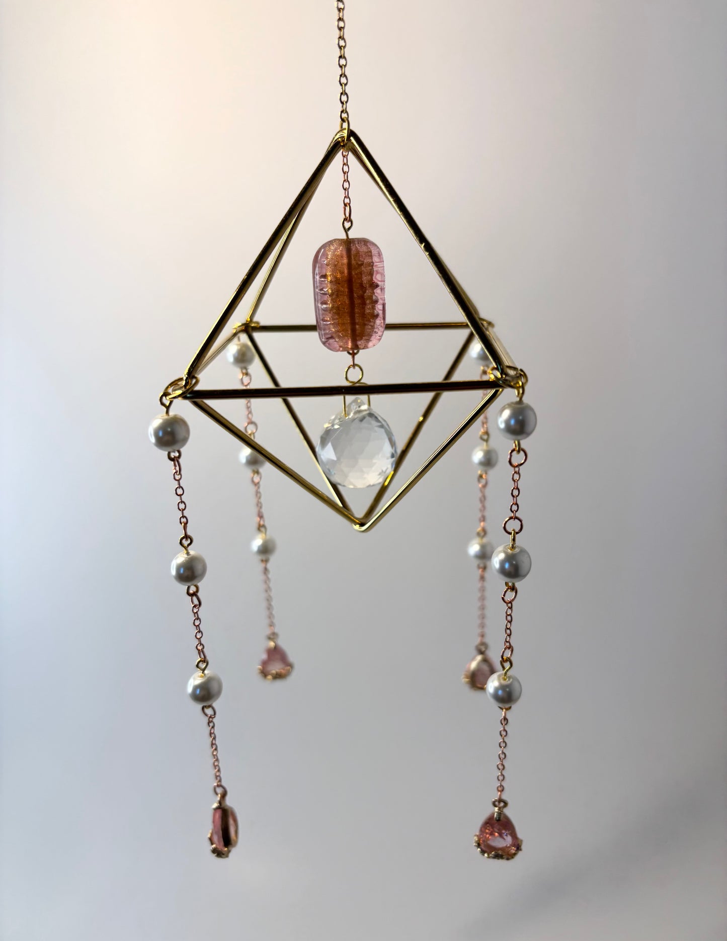 Gold Geometric Frame with 4 Pendants, Pink & Pearl
