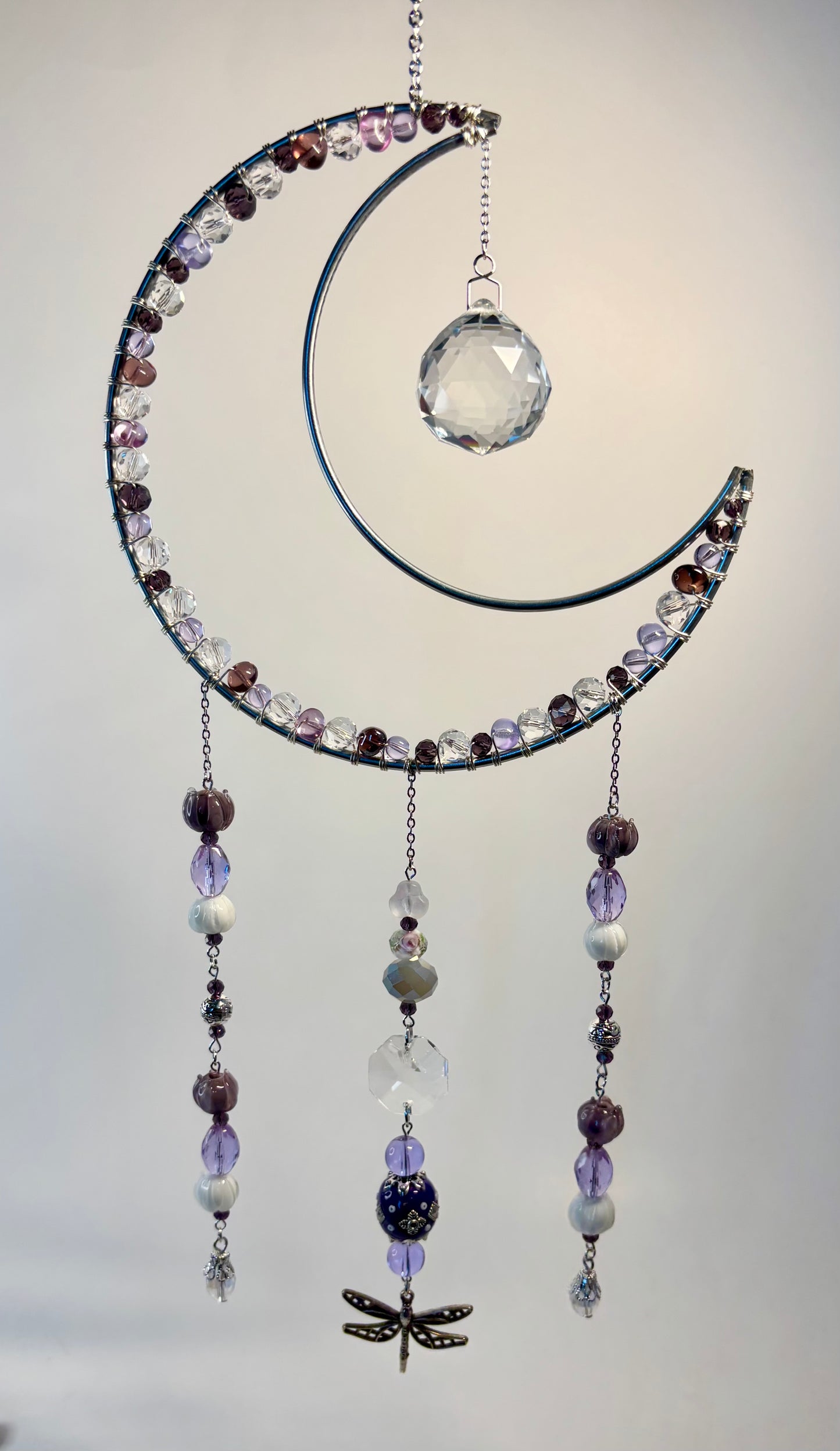 Large Silver Metal Moon Frame with Purple & Dragonfly