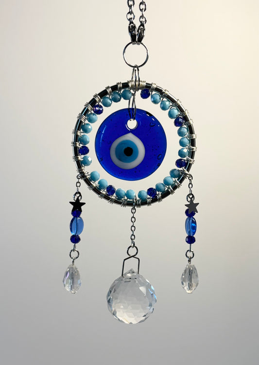 Silver Round Metal Frame with Mixed Blues & Evil Eye