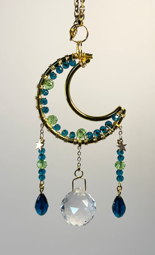 Gold Metal Moon Frame with Green & Teal - Rearview Mirror