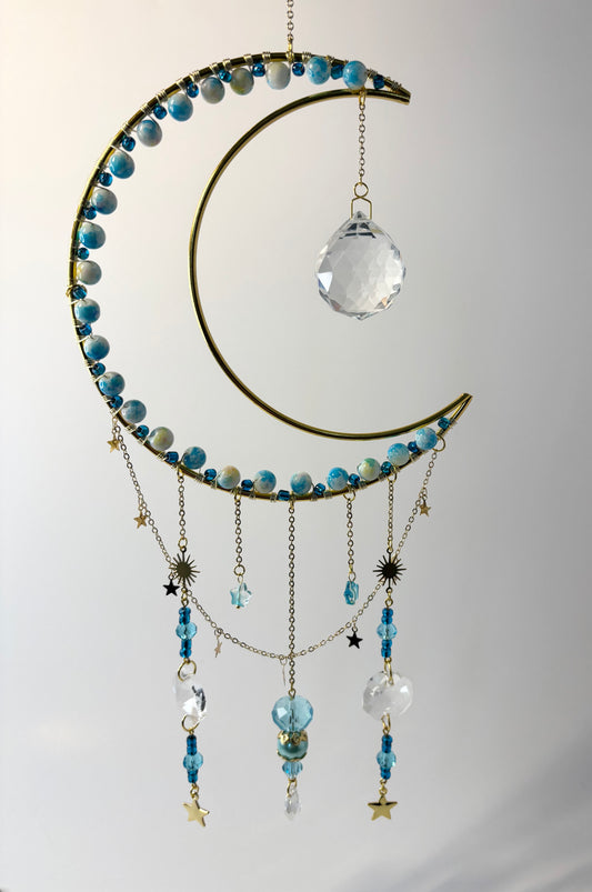 Large Gold Moon with Light Pearl Teal & White,  Stars