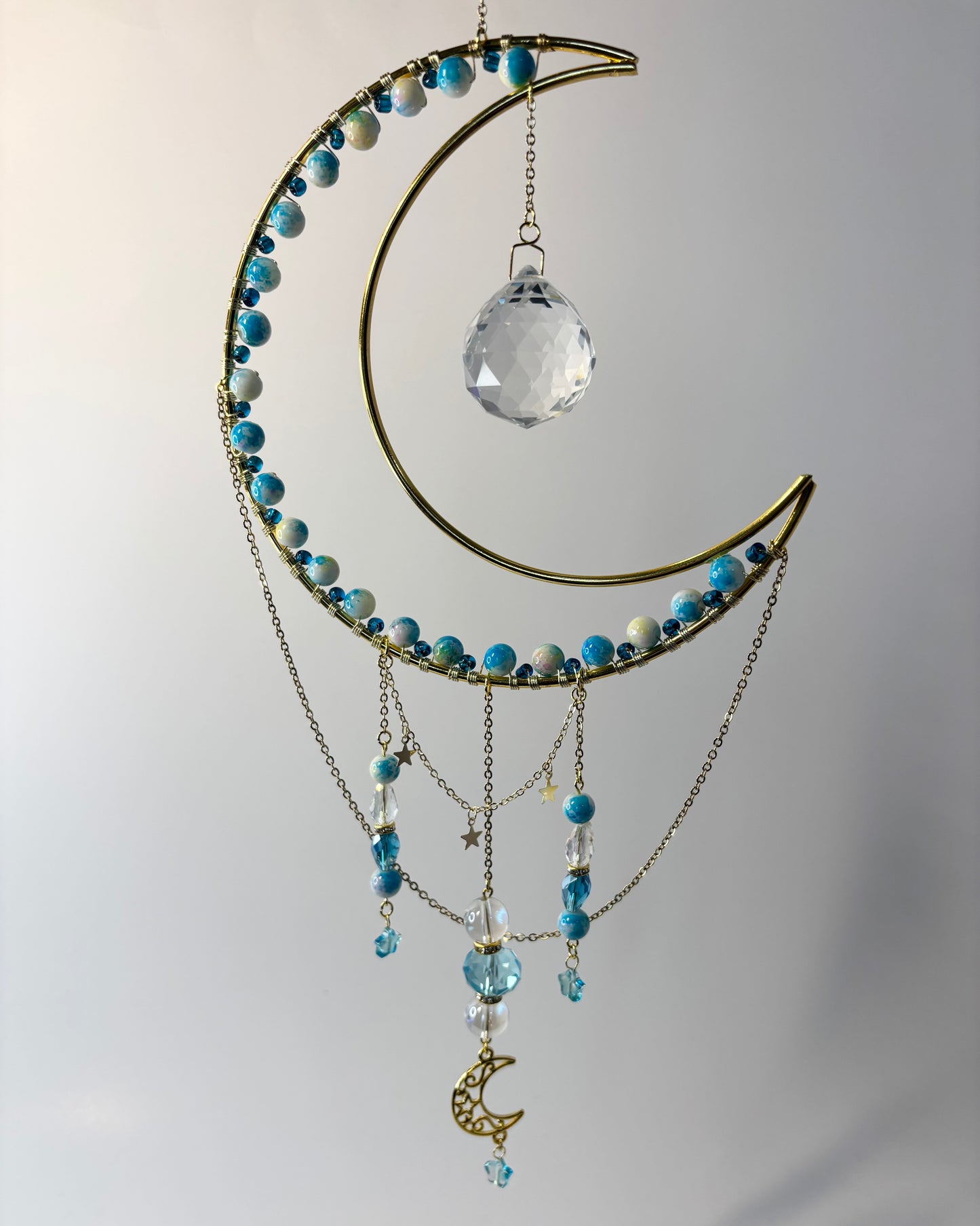 Large Gold Moon with Light Teal & White, Ornate Moon