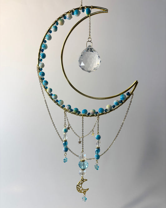 Large Gold Moon with Light Teal & White, Ornate Moon