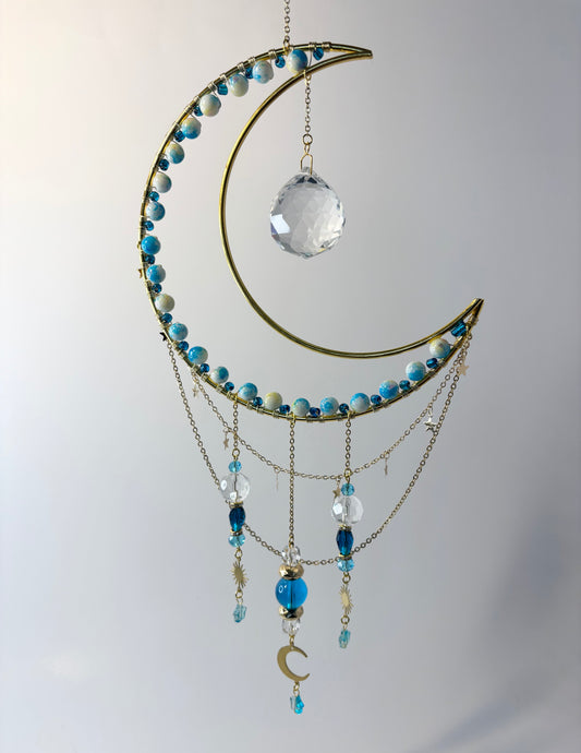 Large Gold Moon with Dark Teal & White, Moon & Stars