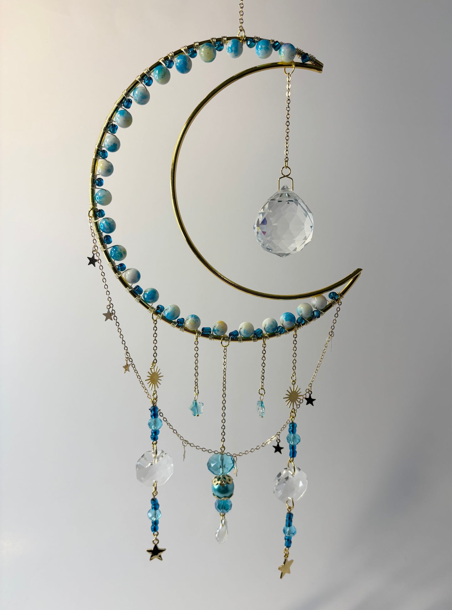 Large Gold Moon with Dark Pearl Teal & White, Stars