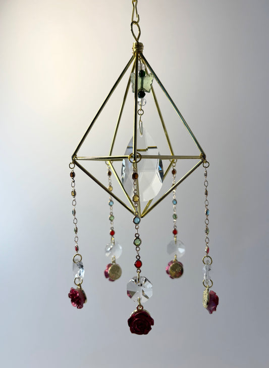 Gold Geometric Frame with 5 Pendants, Butterfly & Roses
