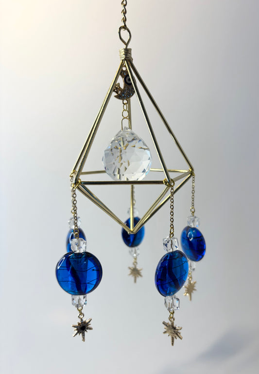 Gold Geometric Frame with 5 Pendants, Blue