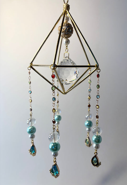 Gold Geometric Frame with 5 Pendants, Pearl Teal