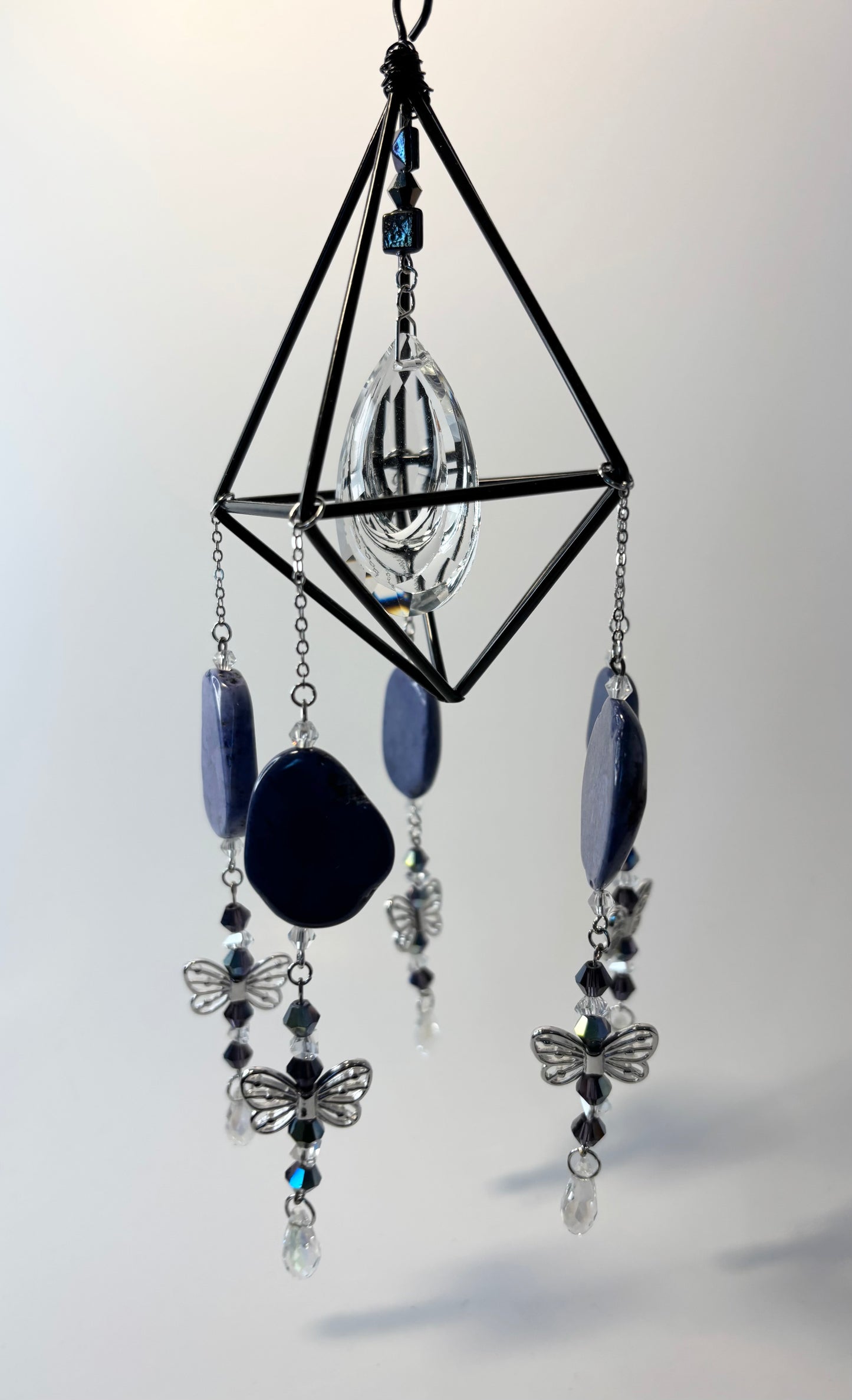 Black Geometric Frame with 5 Pendants, Purple Agate Slices & Butterflies