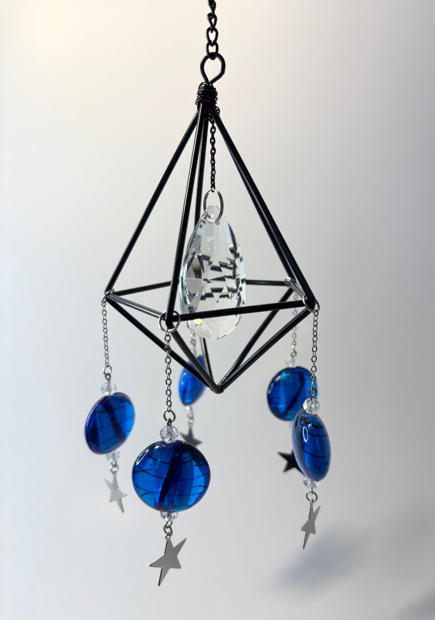 Black Geometric Frame with 5 Pendants, Blue