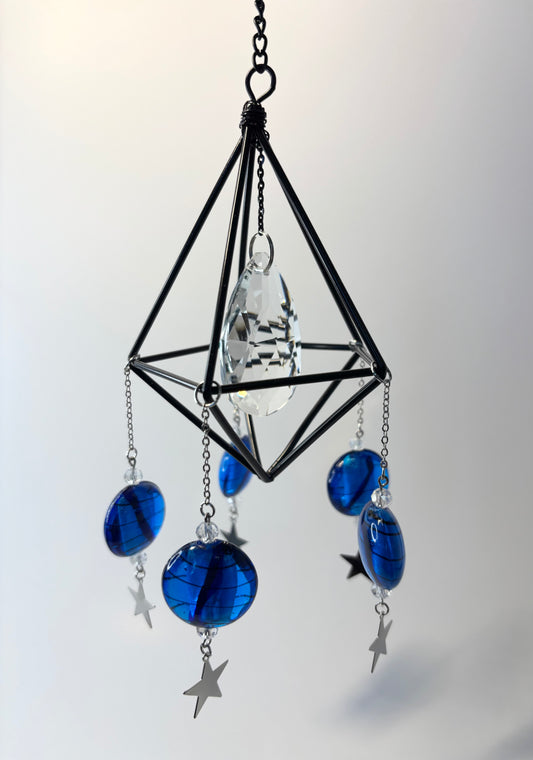 Black Geometric Frame with 5 Pendants, Blue