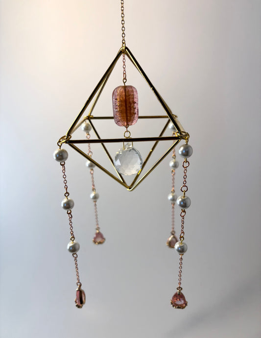 Gold Geometric Frame with 4 Pendants, Pink & Pearl