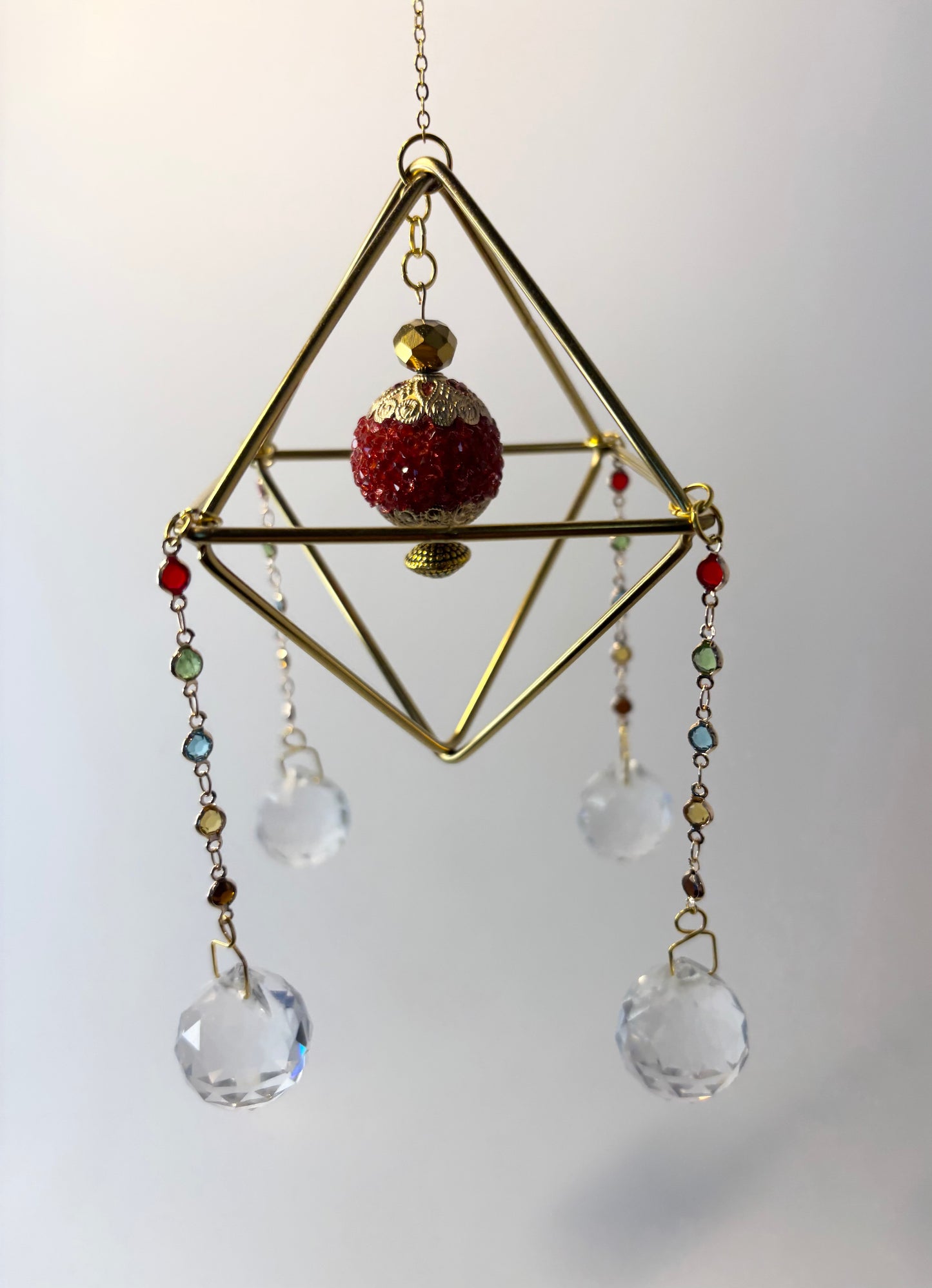 Gold Geometric Frame with 4 Pendants, Red & Gold
