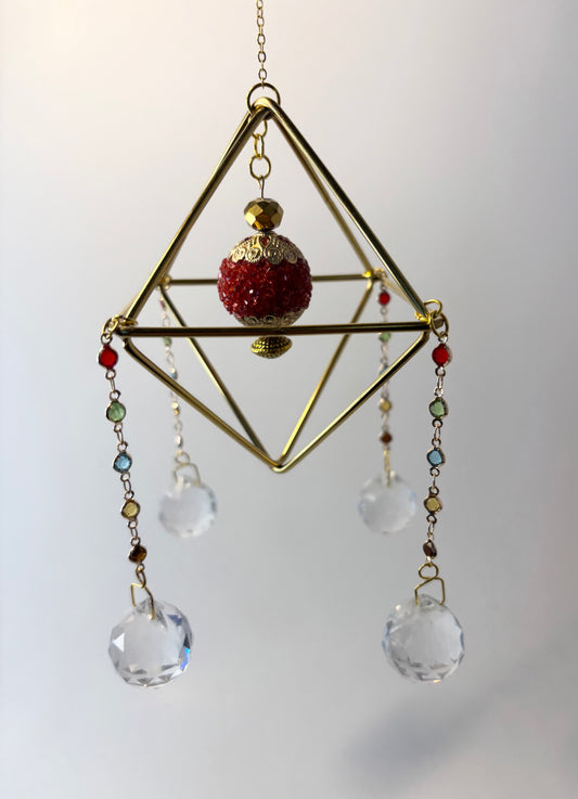 Gold Geometric Frame with 4 Pendants, Red & Gold