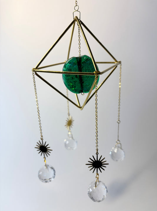 Gold Geometric Frame with 4 Pendants, Large Green