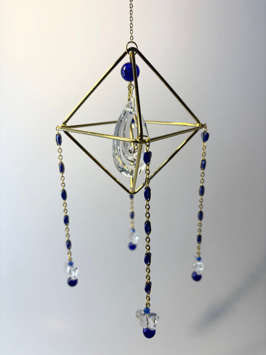 Gold Geometric Frame with 4 Pendants, Blue with Butterflies