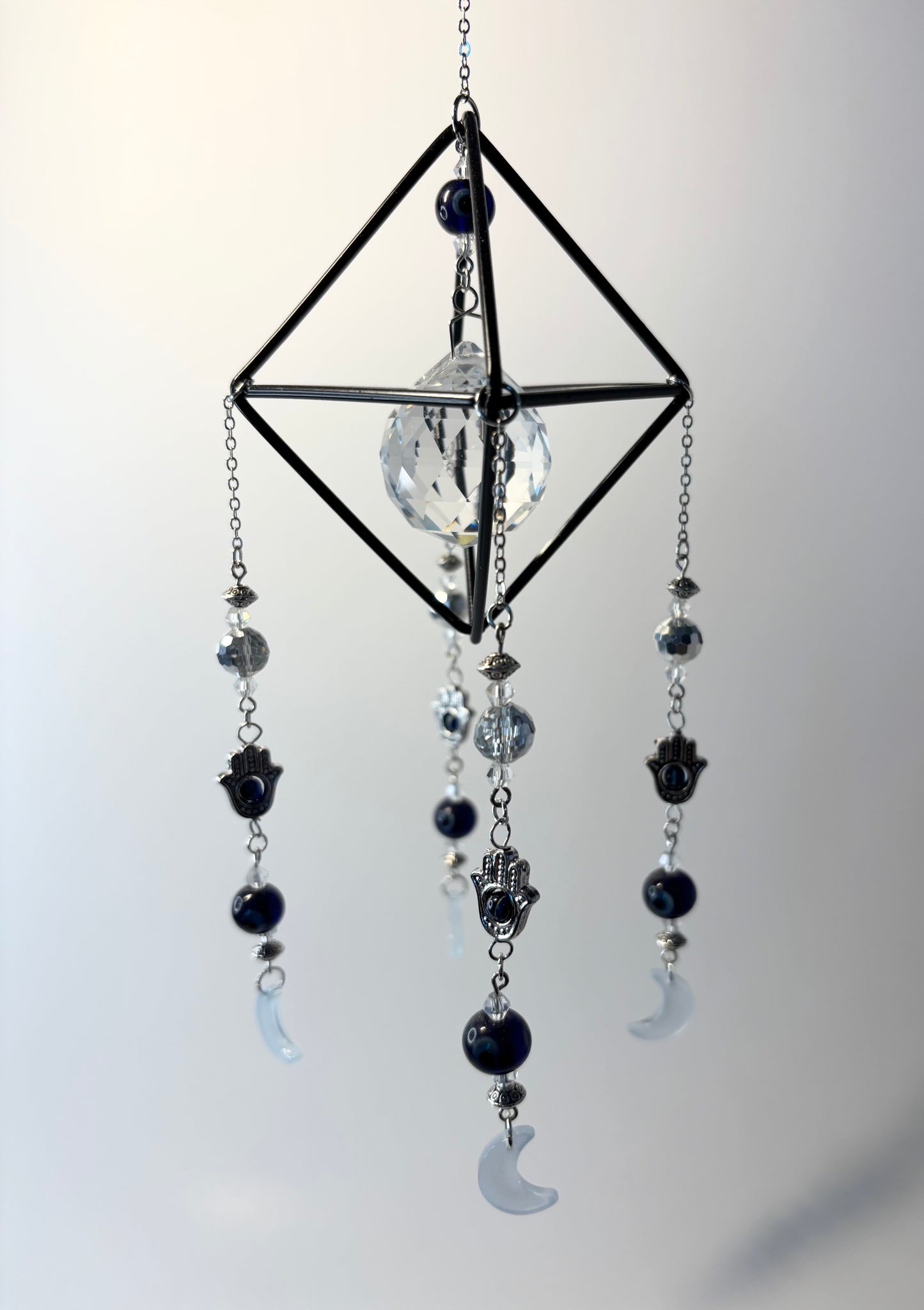 Black Geometric Frame with 4 Pendants, Hamsa Hand