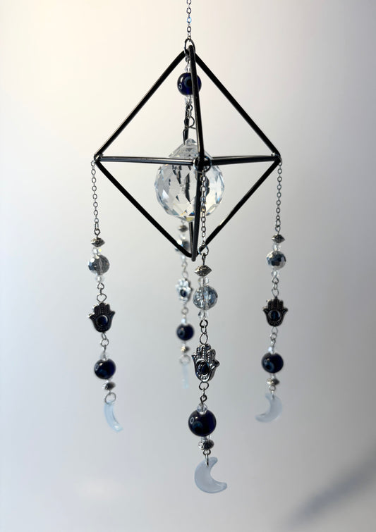 Black Geometric Frame with 4 Pendants, Hamsa Hand