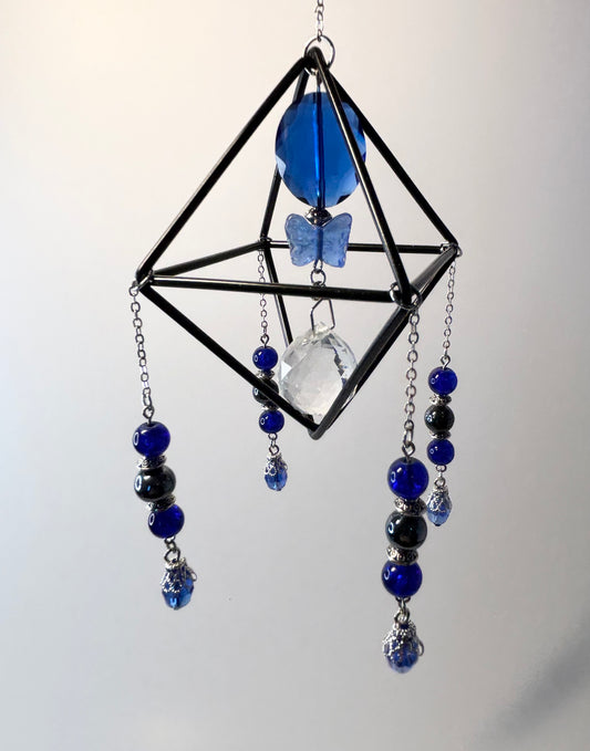 Black Geometric Frame with 4 Pendants, Blue Butterfly