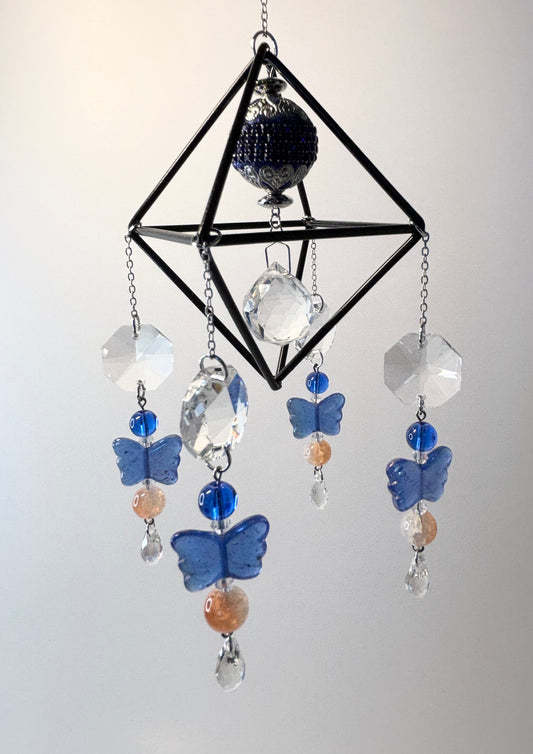 Black Geometric Frame with 4 Pendants, Blue Butterflies with Coral
