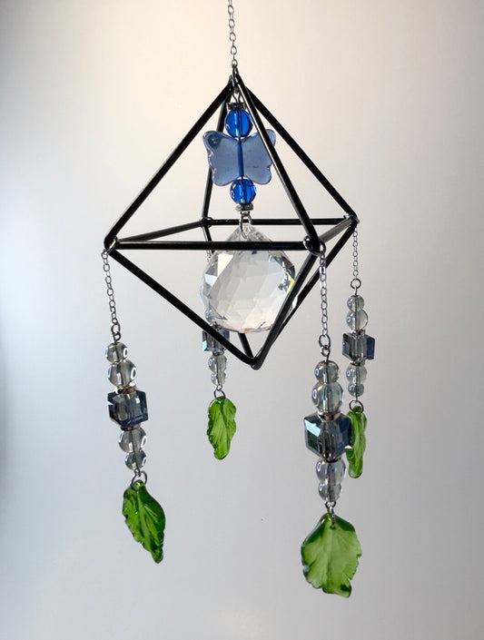 Black Geometric Frame with 4 Pendants, Blue Butterfly & Leaves