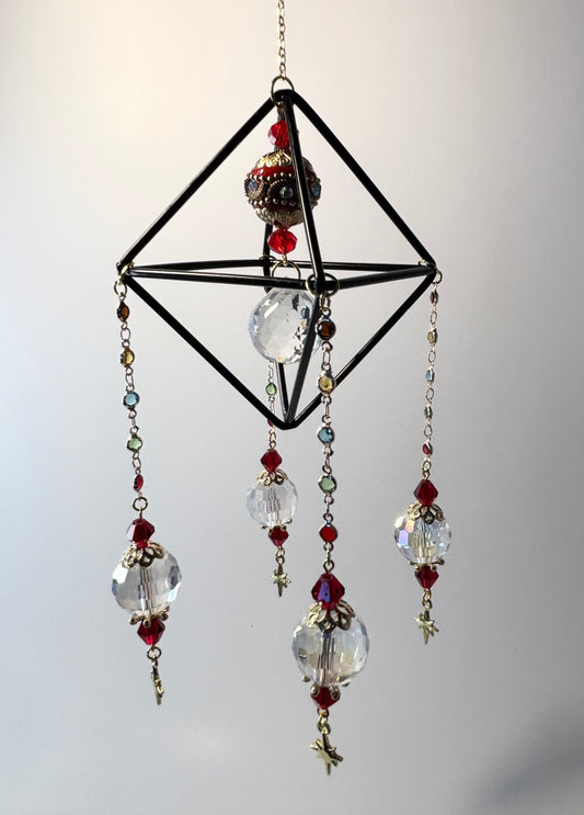 Black Geometric Frame with 4 Pendants, Red with Gold Stars