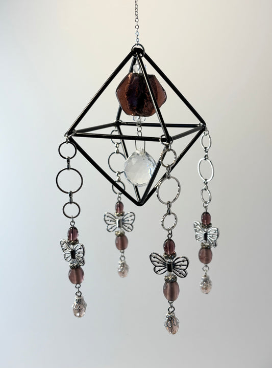 Black Geometric Frame with 4 Pendants, Silver Butterflies