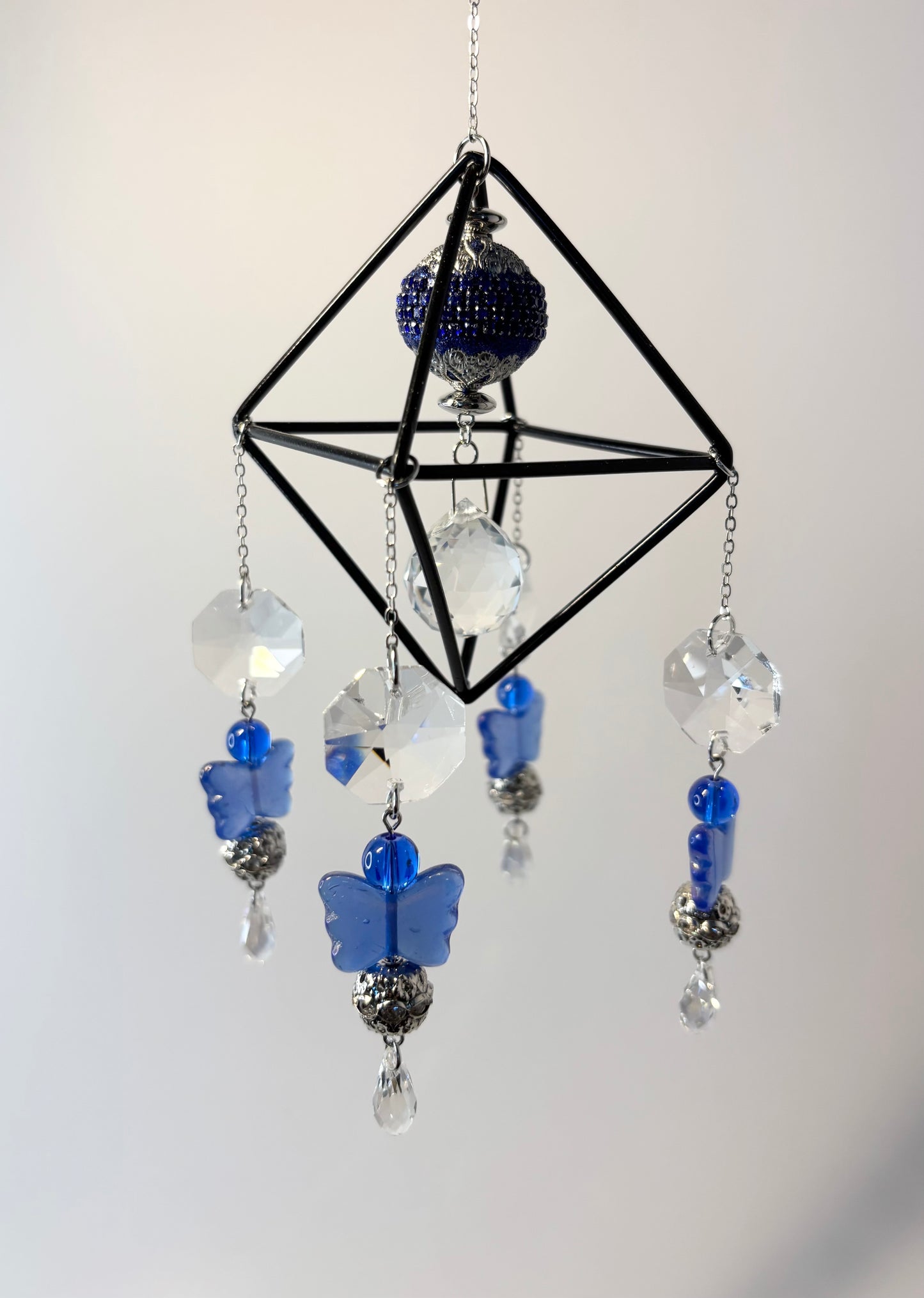 Black Geometric Frame with 4 Pendants, Blue Butterflies
